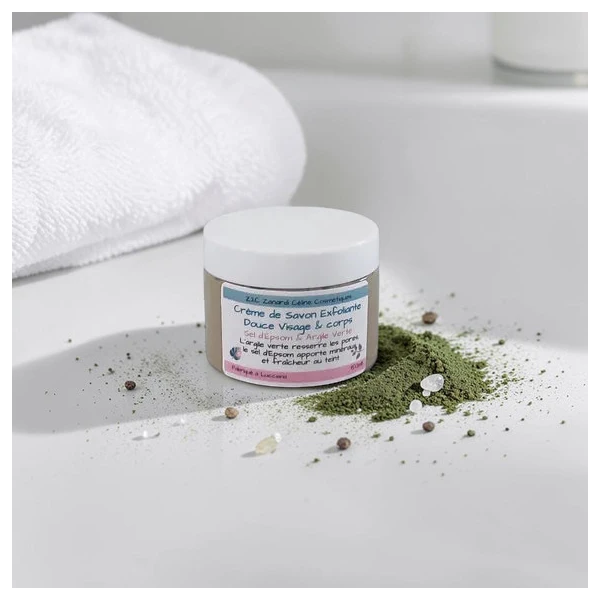 Crème de Savon Exfoliante Douce au Sel d’Epsom & Argile Verte